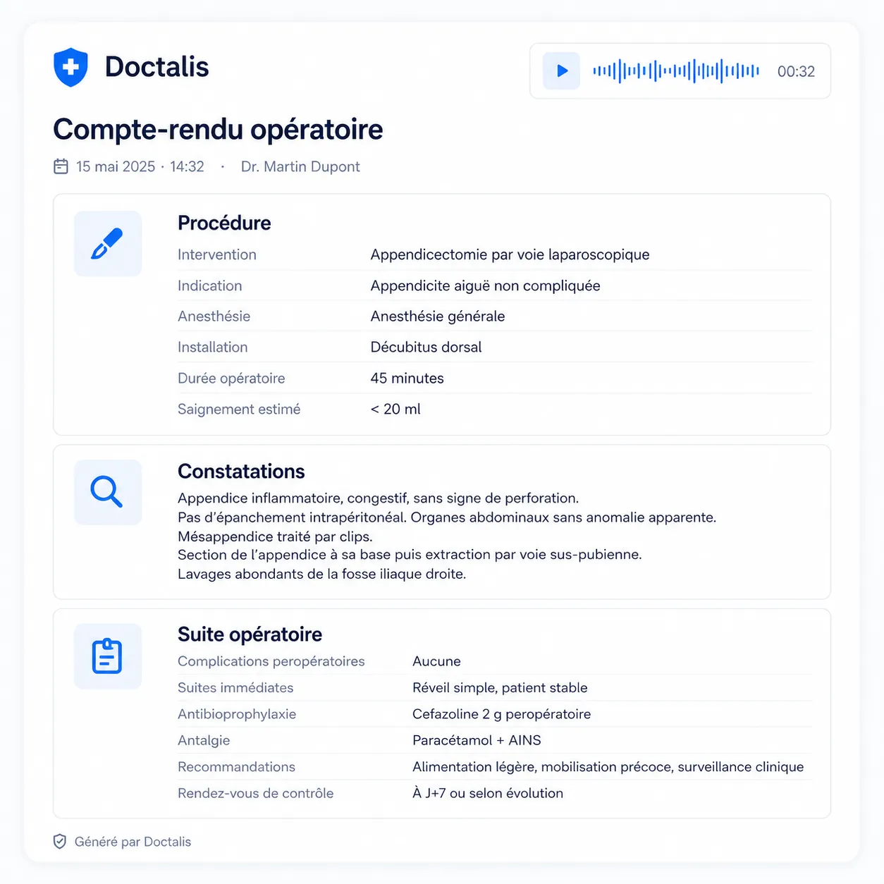 Compte-rendu opératoire généré par Doctalis avec détails de l'intervention