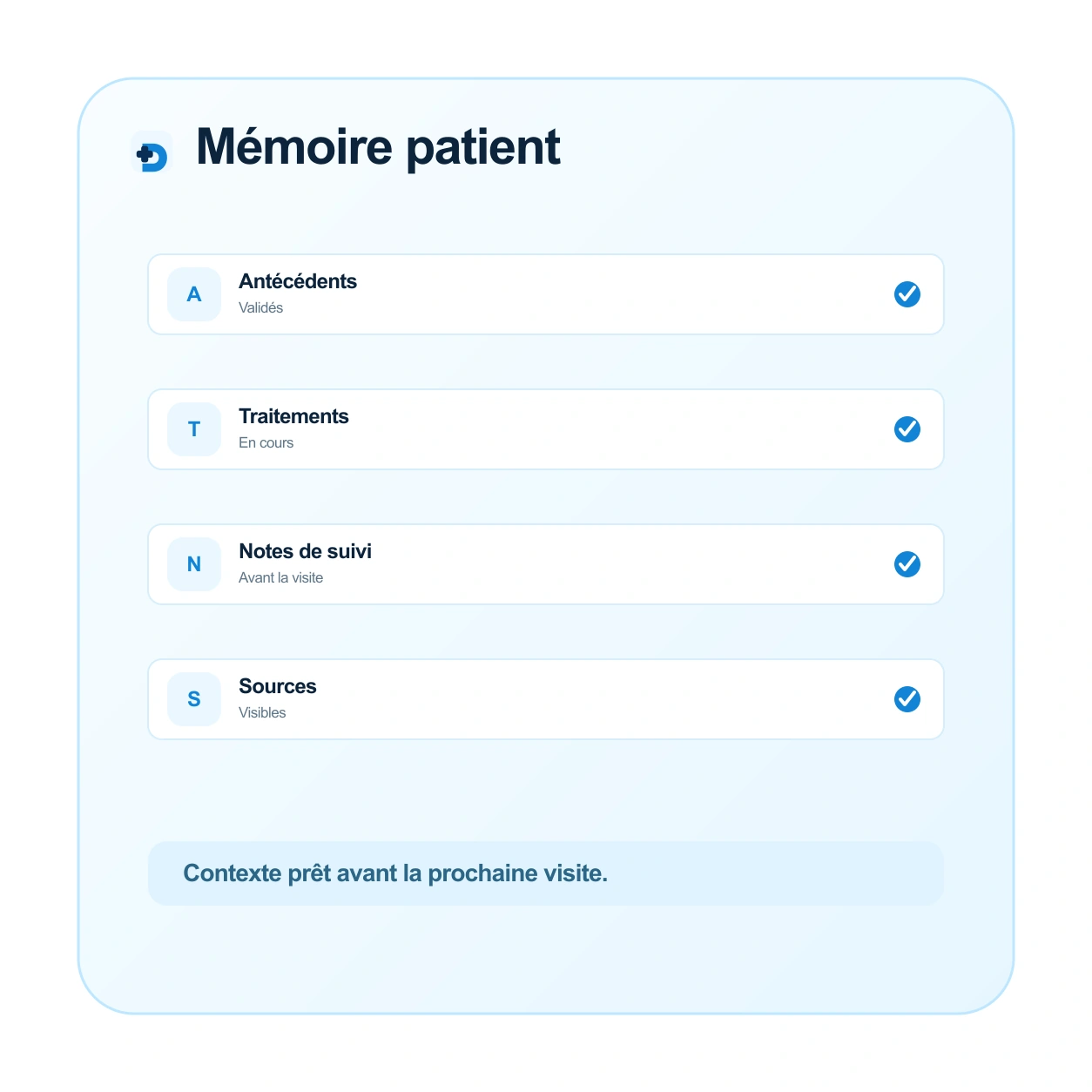 Résumé patient Doctalis avec antécédents, traitements et notes de suivi