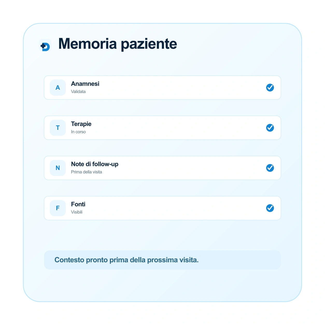 Riepilogo paziente Doctalis con anamnesi e note di follow-up