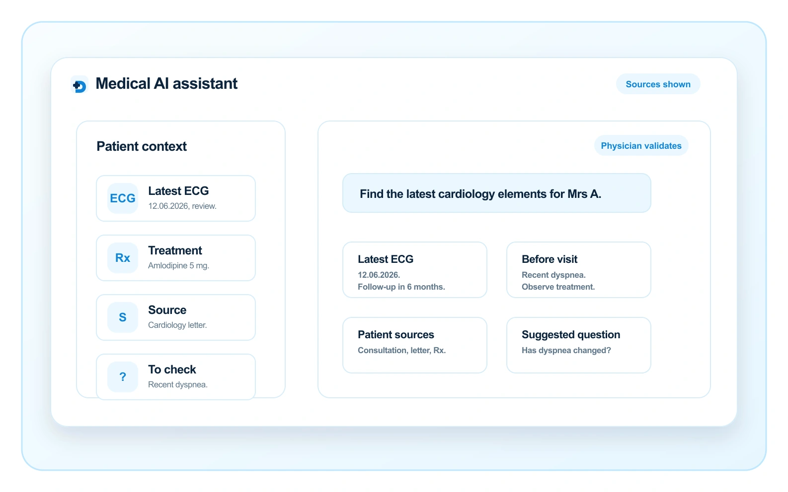 Doctalis assistant showing sources before physician validation