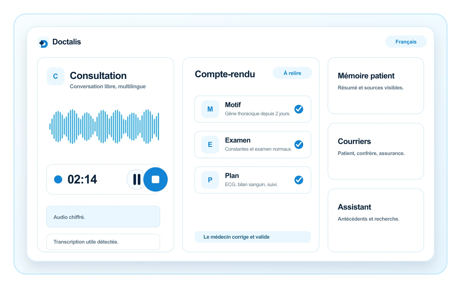 Interface d'enregistrement vocal multilingue de Doctalis