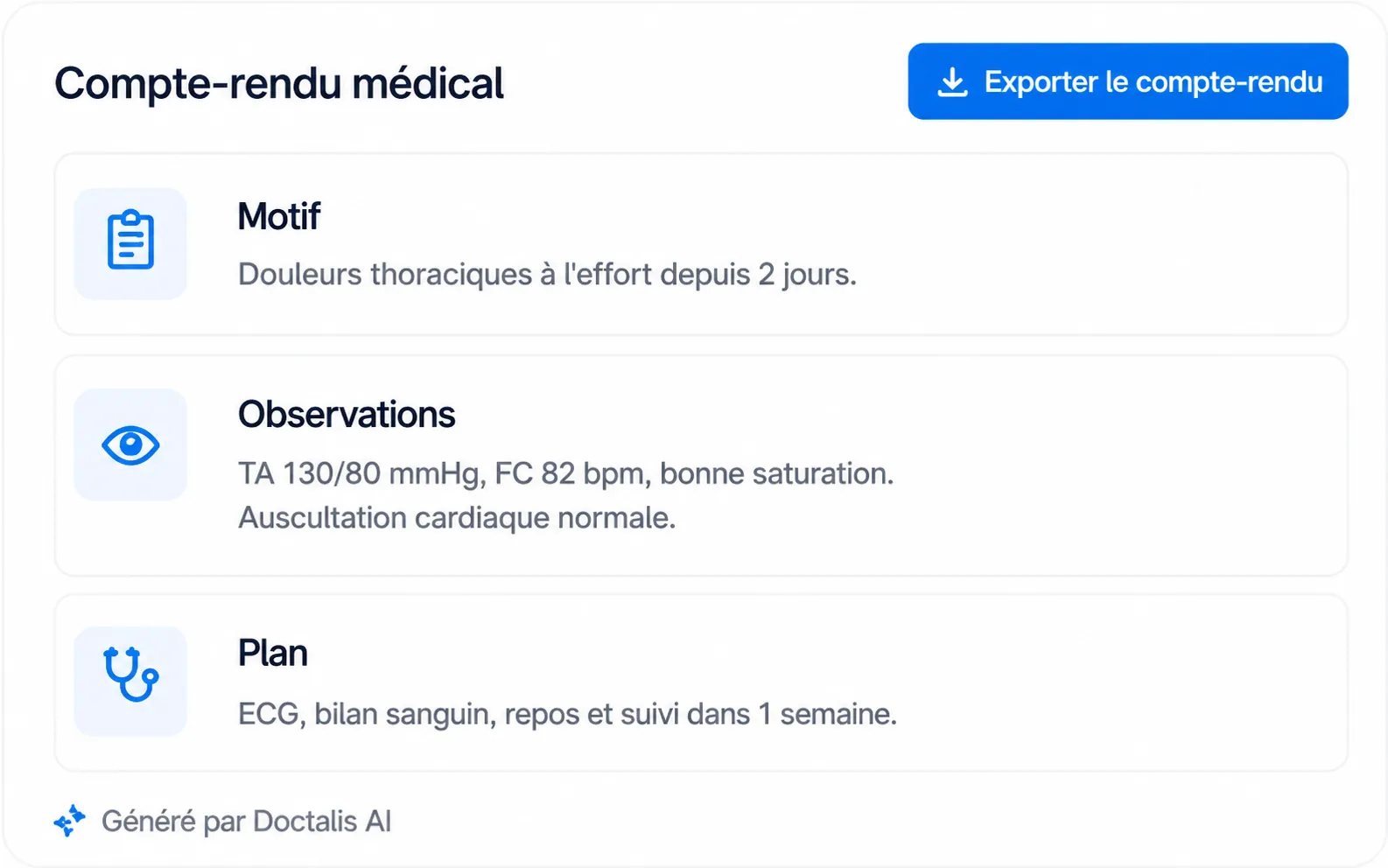 Compte-rendu médical structuré avec motif, observations et plan